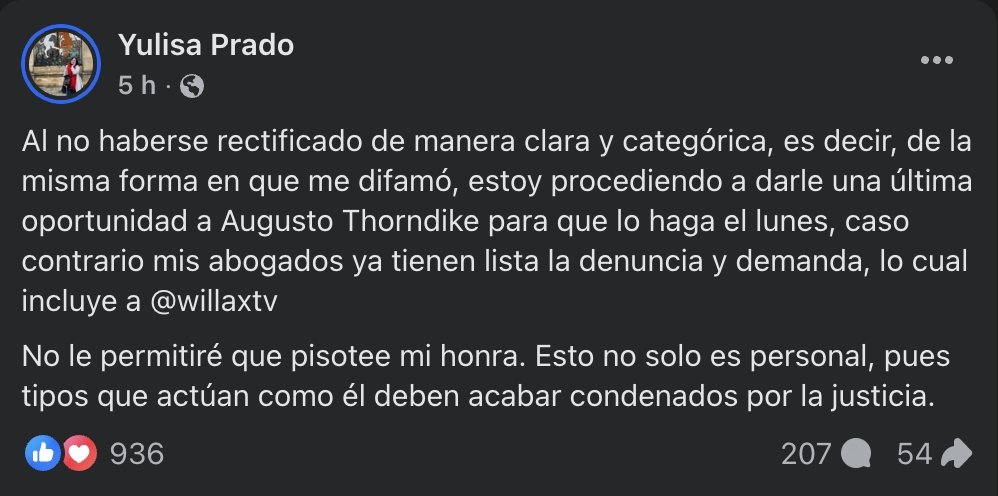 Yulisa Prado, DIFAMADA por Augusto Thorndike (<a href="/AugustoTho7911/">Augusto Thorndike</a>) le pide q se rectifique de la misma manera en cómo la difamó. De lo contrario, lo demandará a él y a <a href="/willaxtv/">Willax Televisión</a> y, por supuesto, LES GANARÁ. Y aquí también debe ser denunciado <a href="/cparedesr/">Carlos Paredes</a>, productor del bodrio.