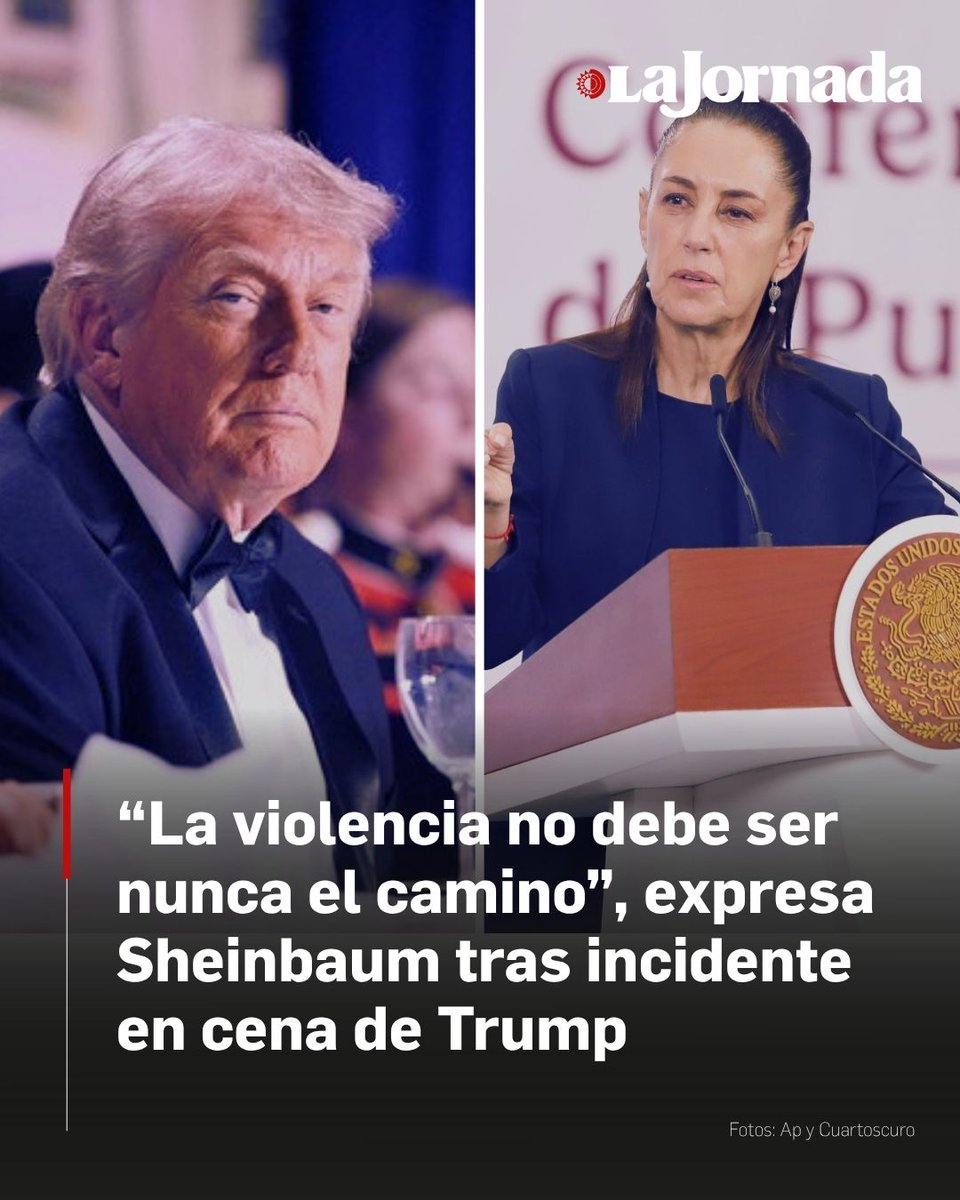 lajornadaonline's tweet image. 🇺🇸🇲🇽 El incidente de seguridad ocurrido durante la cena de corresponsales en la Casa Blanca, motivó un mensaje de la presidenta de México #ClaudiaSheinbaum, en el que manifiestó su solidaridad a su homólogo Donald Trump durante estos momentos.

La mandataria hizo énfasis en que