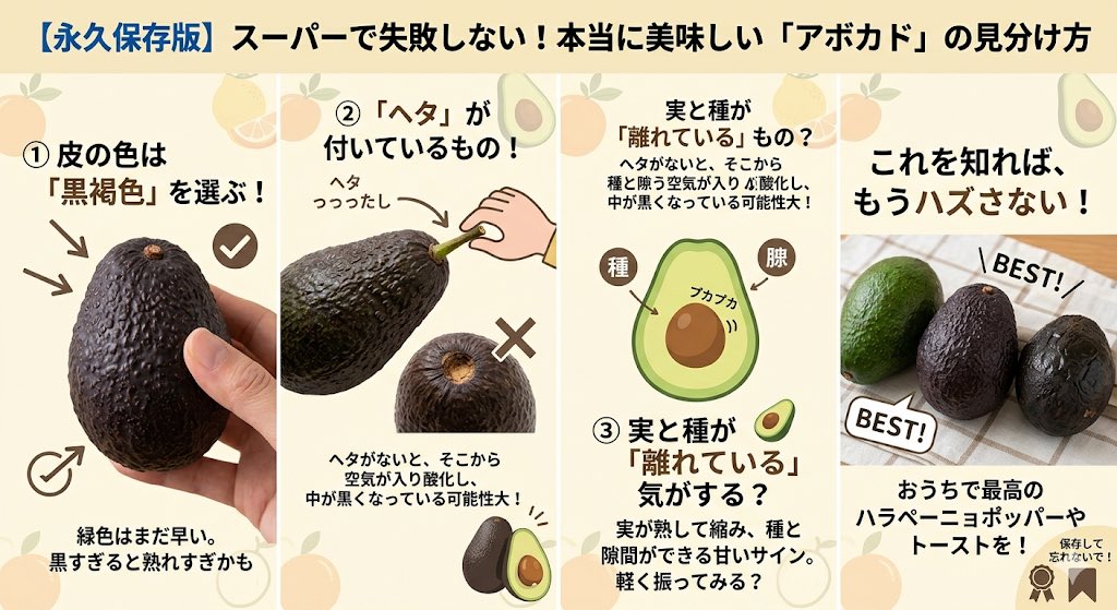 s_b531zzZ's tweet image. 【永久保存版】スーパーで失敗しない！本当に美味しい「アボカド」の見分け方をまとめました🥑

切ったら中が真っ黒…、カチカチで食べられない…、そんな悲劇はもう繰り返さない。

全人類、今すぐこれを覚えて。
#アボカド #ライフハック