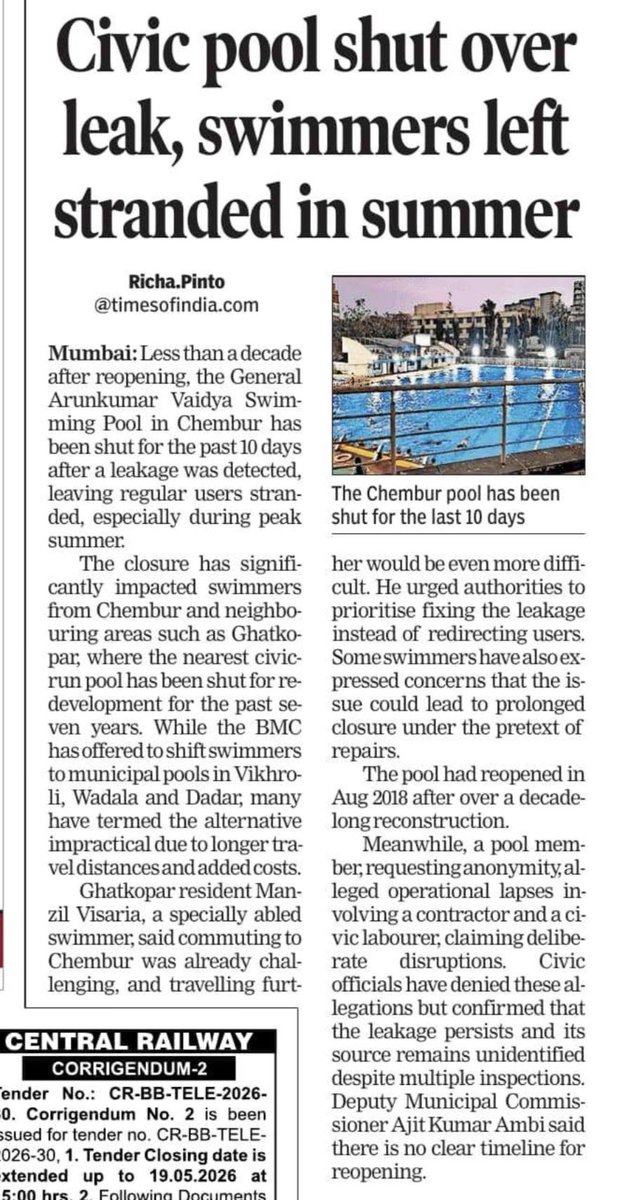 richapintoi's tweet photo. Less than a decade after it was rebuilt, the General Arunkumar Vaidya Swimming Pool in Chembur has been shut for the past ten days after a leakage was detected, leaving regular swimmers in the lurch. The nearest civic-run alternative in Ghatkopar is already closed for a revamp for the past seven years

 https://t.co/H4wHFh3lKF