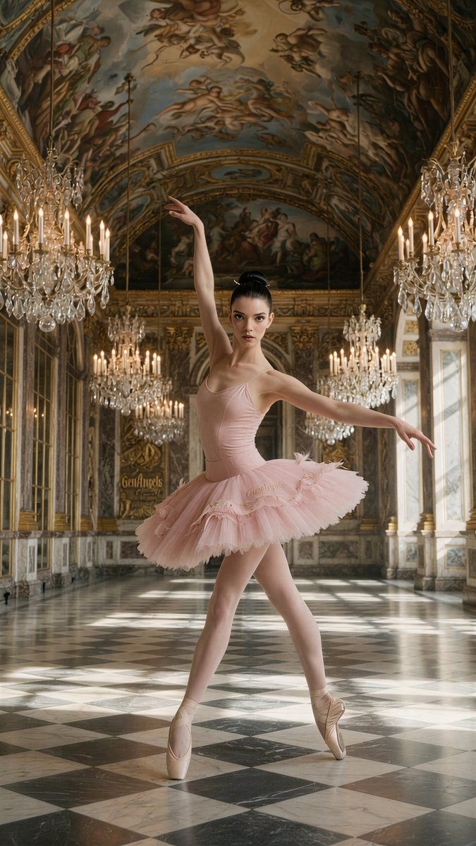 AFantagirl85190's tweet image. #AnyaTaylorJoy #nanobananapro #GrokAI #CinematicAI #AIModel #FreePrompts:

A breathtaking, vertical wide-angle cinematic photograph capturing an anonymous female ballerina on pointe in the exact center of a vast, opulent Baroque palace hall. The hall, reminiscent of the Hall of