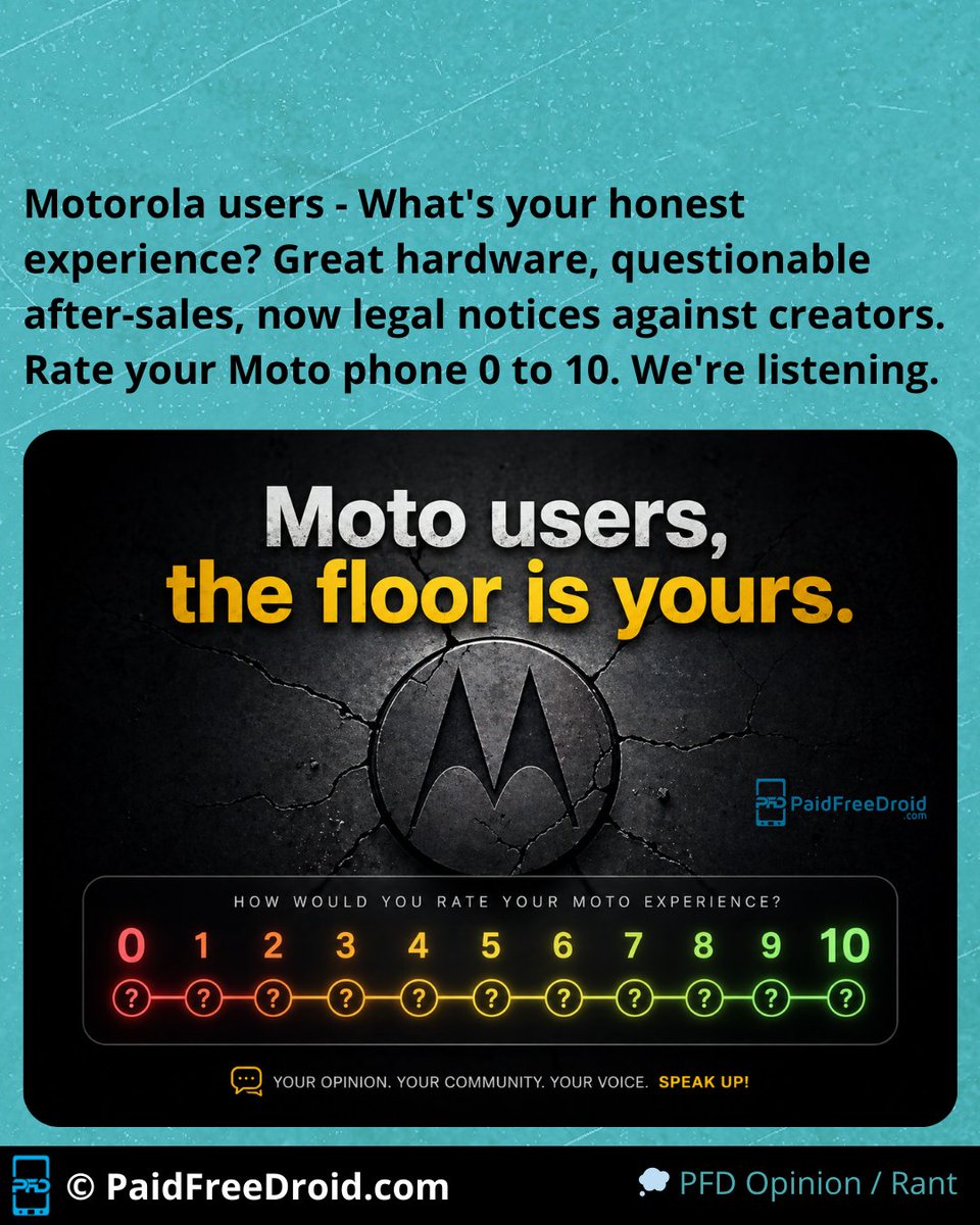 PaidFreeDroid's tweet image. Calling all Motorola users in India. Drop your honest review - phone model, rating out of 10, what worked, what didn't, and how after-sales treated you. Good or bad, we want the real picture.
RT so more Moto users see this. 📱

#Motorola #Moto