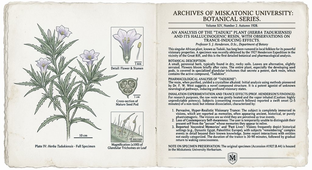 MISKATONIC UNIVERSITY DEPARTMENT OF BOTANY

Occult Ethnobotany Series, Vol. XIV (1924)
Subject: Herb. Taduki (Locally: "The Holy Flower")

I. Botanical Classification &amp; Origin

Scientific Designation: Nymphaea aetheria haggardi (Tentative).

Source: Endemic to the remote Mazitu