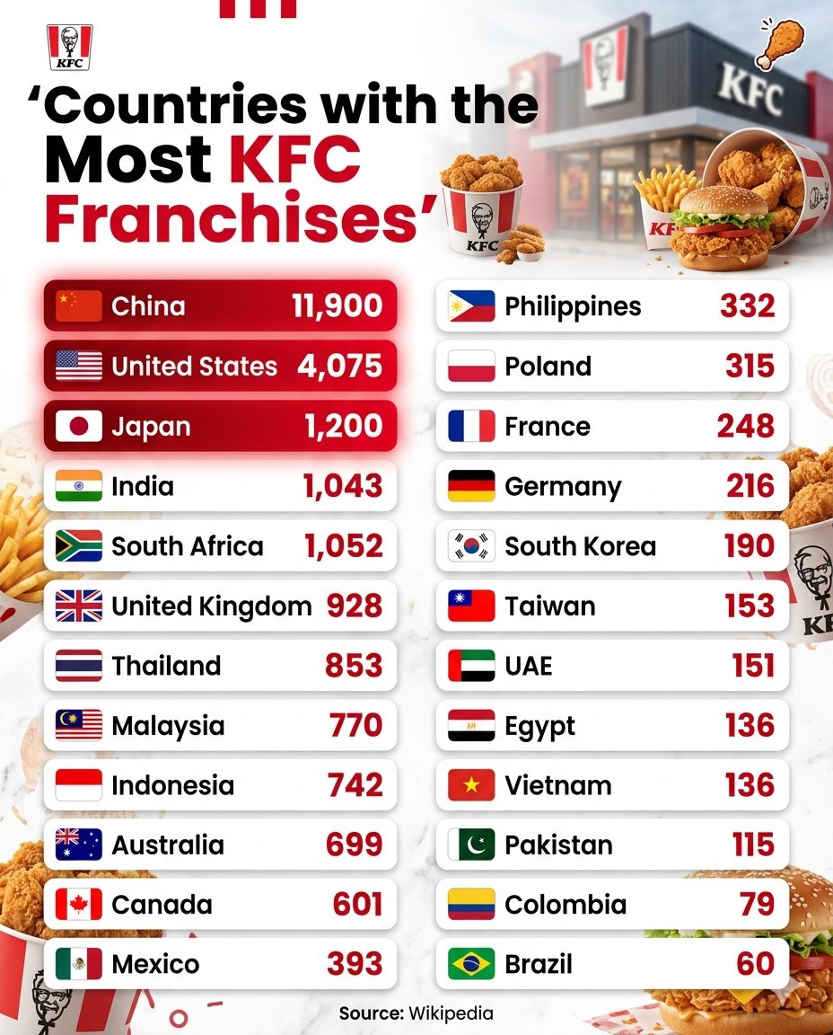 Countries with the Most KFC Franchises 1. 🇨🇳 China - 11,900 2. 🇺🇸 ...