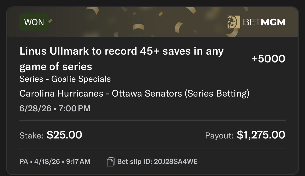 The_LMNetwork's tweet photo. 2 years in a row we hit this bet, different Goalie, same bet.  🥅 https://t.co/FTCGU0MpGv