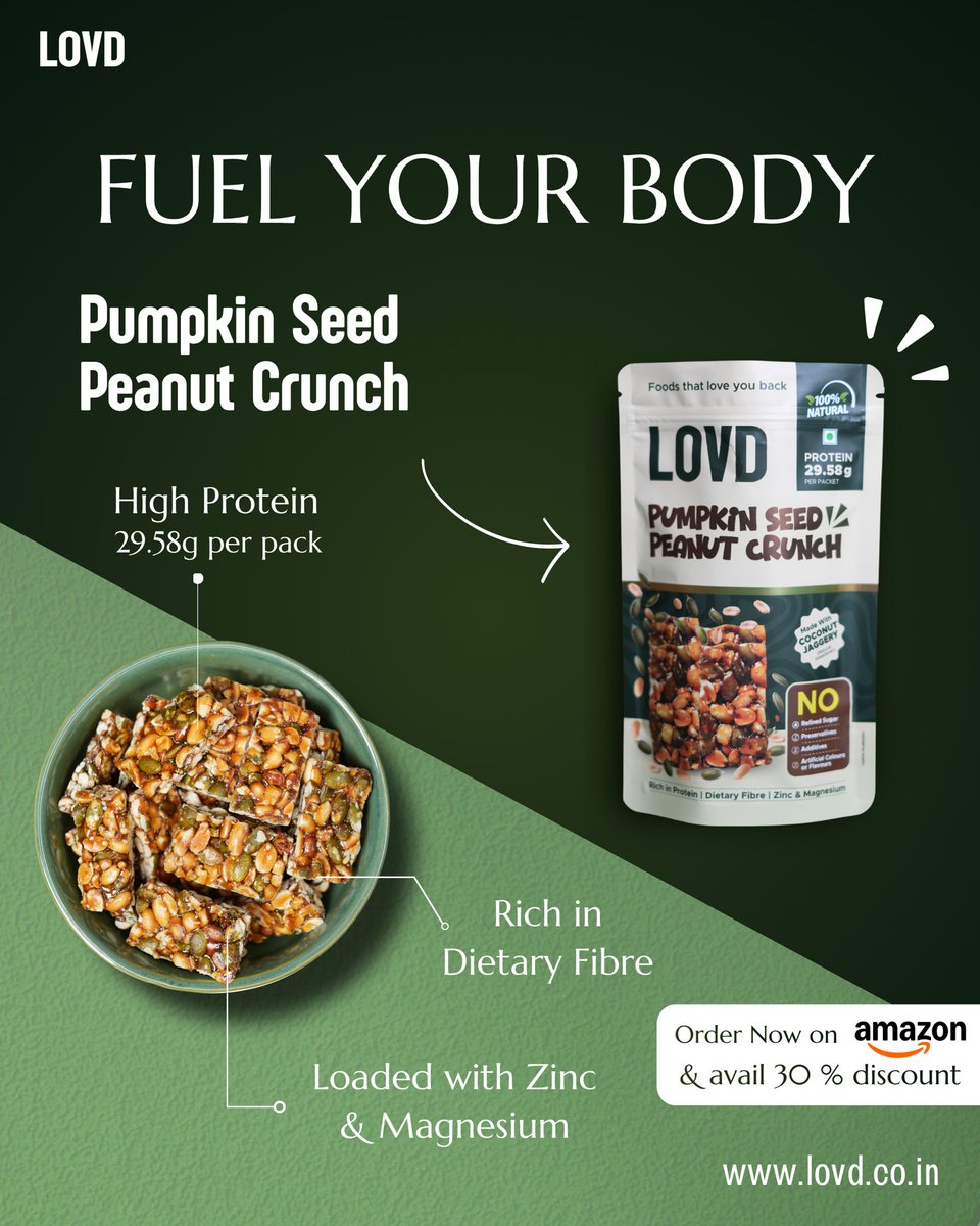 lovdfoods's tweet photo. Fuel your day the right way with LOVD’s Pumpkin Seed Peanut Crunch. Packed with 29.58g of protein per pack, rich in dietary fibre, and loaded with zinc &amp; magnesium — it’s the perfect healthy snack that loves you back.
Order now and grab your 30% discount! https://t.co/zIFmAQkvBQ https://t.co/Bpv7msMswK