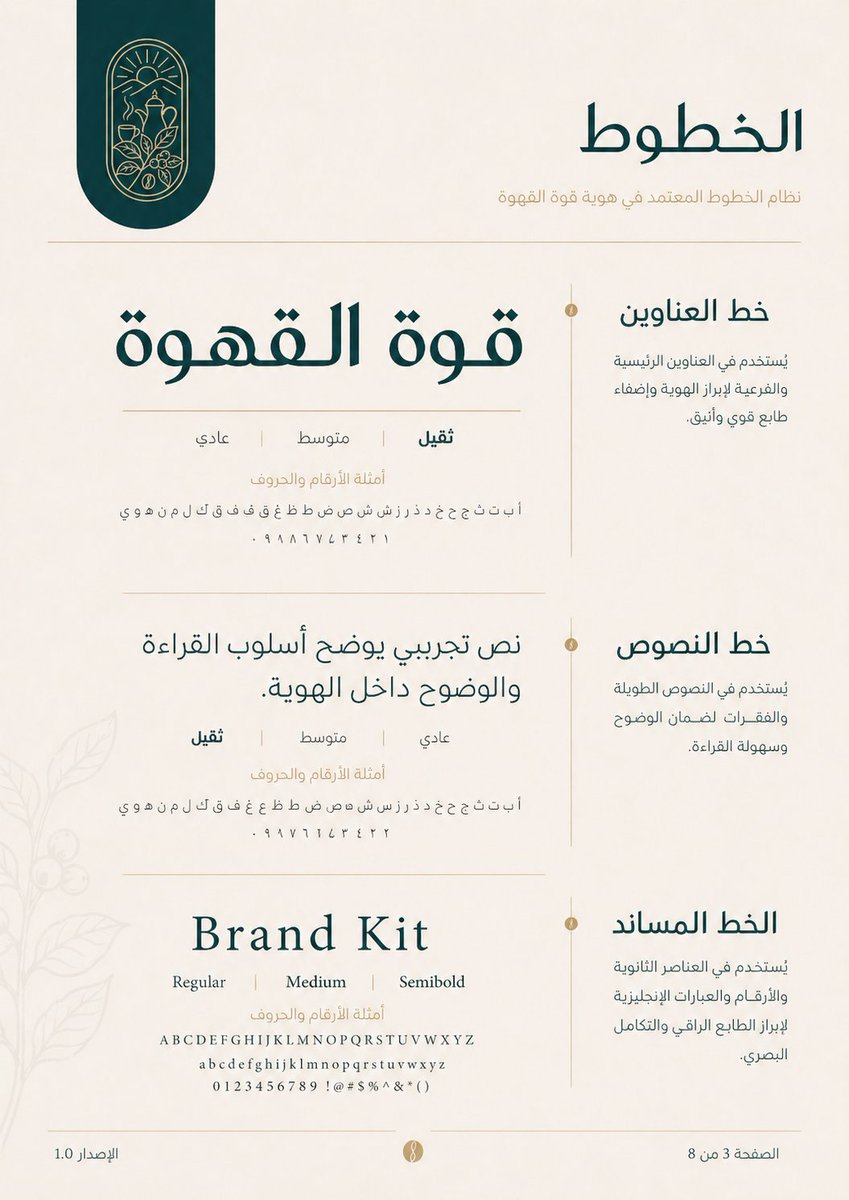 ThamerLuxury's tweet photo. برمبوت نسخة مطوره لعمل دليل هوية بصرية 

أنشئ Brand Kit احترافي ونظيف باستخدام الشعار المرفق كعنصر الهوية الأساسي.

المطلوب تصميم هوية بصرية متكاملة ومنظمة، بأسلوب حديث، بسيط، متوازن، واحترافي، مع الحفاظ على الشعار كما هو دون تغيير هويته أو تحريف شكله.

عدد الصفحات: 8 صفحات

محتوى الصفحات:

الصفحة 1
الغلاف عرض الشعار الرئيسي بشكل أنيق مع اسم الهوية وعنوان Brand Kit.

الصفحة 2
الألوان عرض لوحة الألوان الأساسية والثانوية مع أكواد الألوان HEX
وتوضيح استخدام كل لون في الهوية.

الصفحة 3
الخطوط عرض الخطوط المستخدمة في الهوية
خط العناوين
خط النصوص
خط المساند
مع أمثلة تطبيقية قصيرة.

الصفحة 4
الأيقونات تصميم مجموعة أيقونات متناسقة مع الهوية
بأسلوب بسيط وموحد
مع توضيح طريقة استخدامها.

الصفحة 5
الأشكال والعناصر البصرية عرض الأشكال الرسومية المساندة
الزخارف البسيطة
الأنماط
الفواصل
والعناصر التي تدعم الهوية بصريًا.

الصفحة 6
التطبيقات الورقية عرض تطبيقات الهوية على: بطاقة عمل
ورق رسمي
ظرف
ملف تعريفي
ختم أو ملصق
بأسلوب واقعي ونظيف.

الصفحة 7
التطبيقات الرقمية عرض تطبيقات الهوية على: منشورات سوشيال ميديا
صورة بروفايل
غلاف منصة اجتماعية
واجهة موقع أو تطبيق
قالب عرض تقديمي رقمي.

الصفحة 8
صفحة ختامية عرض مختصر للهوية بشكل أنيق
مع الشعار والألوان والعناصر الرئيسية بطريقة مرتبة.

اتجاه التصميم: من اليمين إلى اليسار إذا كان المحتوى عربيًا.

أسلوب التصميم: نظيف
حديث
احترافي
Minimal
مساحات بيضاء مريحة
محاذاة دقيقة
تباين واضح
بدون ازدحام
بدون زخارف مبالغ فيها

ملاحظات مهمة: استخدم الشعار المرفق كما هو كمرجع أساسي للهوية.
لا تغيّر شكل الشعار أو فكرته.
اجعل كل الصفحات مترابطة بصريًا.
اجعل التصميم مناسبًا للعرض كملف PDF احترافي.