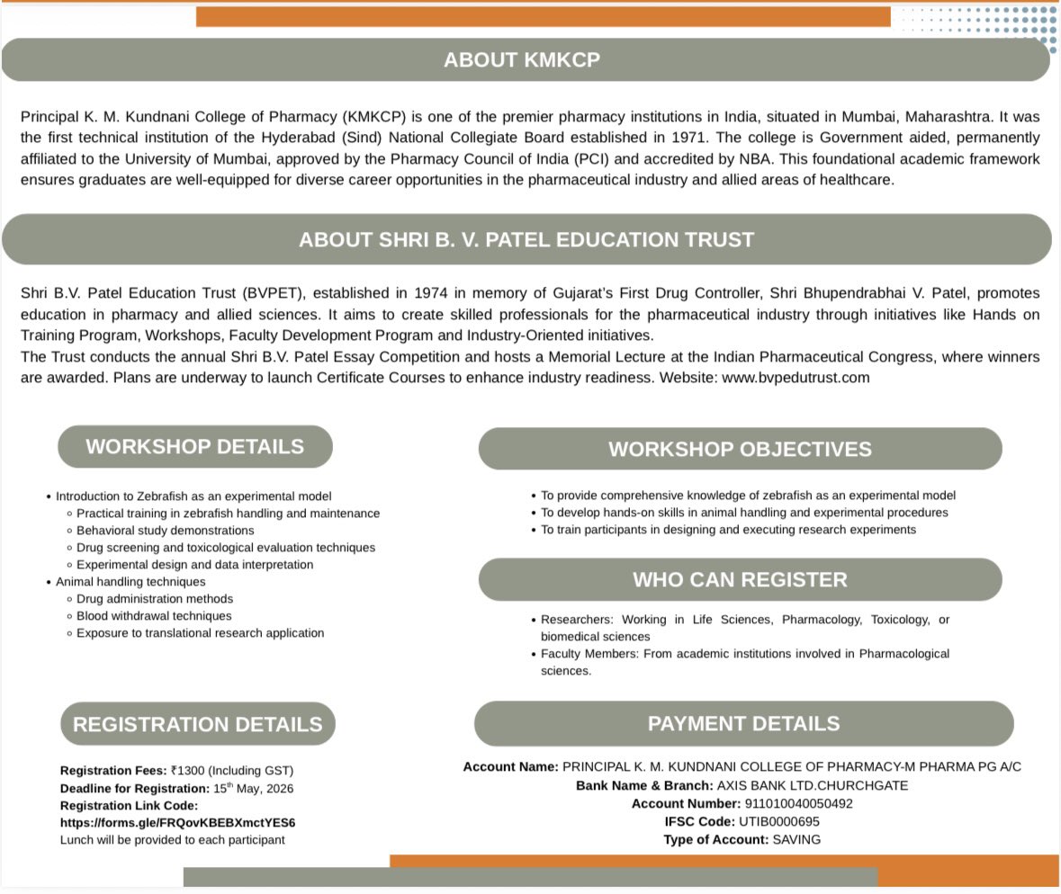 Kmkcp_official's tweet photo. Principal K. M. Kundnani College of Pharmacy, in association with Shri B. V. Patel Education Trust, presents a

 Two-Day Hands-on Workshop on Zebrafish Models, Animal Dosing &amp; Network Pharmacology.
📍 19th–20th May 2026 https://t.co/uG5PVEe951