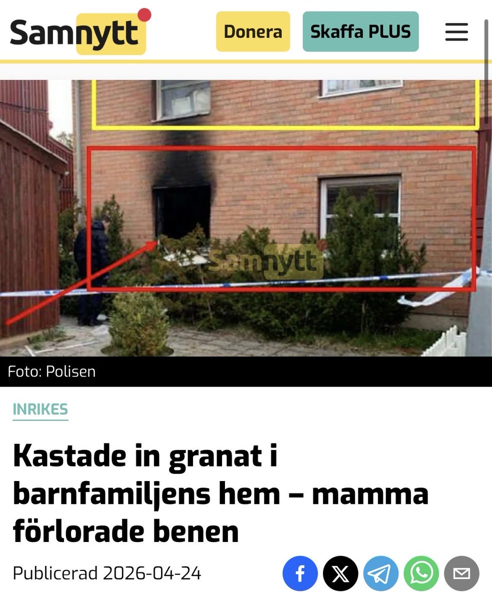 EvelinaHahne's tweet image. A mother in Sweden lost both of her legs after a hand grenade was thrown into her apartment while she was sleeping with her child.

The intended target was her neighbor.

In the new Sweden, not even sleeping mothers in their homes can feel safe, thanks to mass immigration.