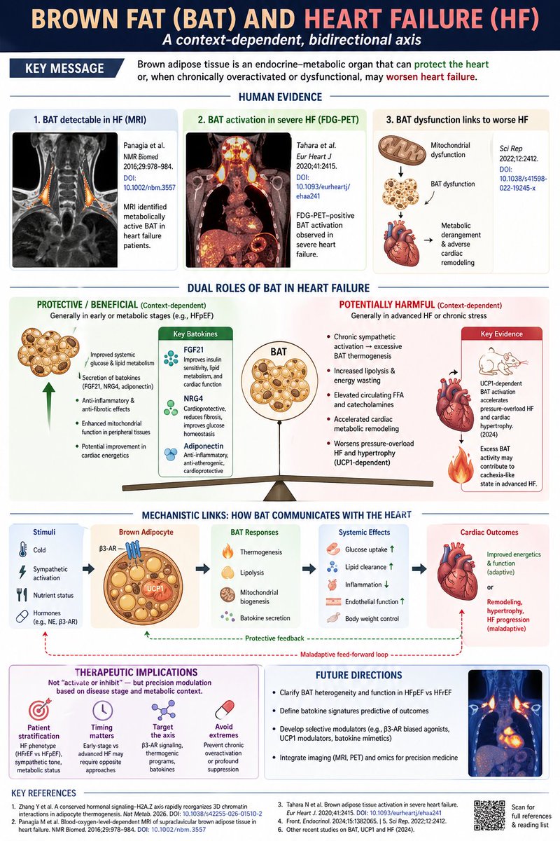 Brown fat ↔ heart failure: adaptive axis or metabolic burden?

Brown adipose tissue (BAT) is no longer just thermogenesis—it is an endocrine–metabolic organ tightly linked to heart failure (HF) pathophysiology. Emerging human imaging and mechanistic data suggest a