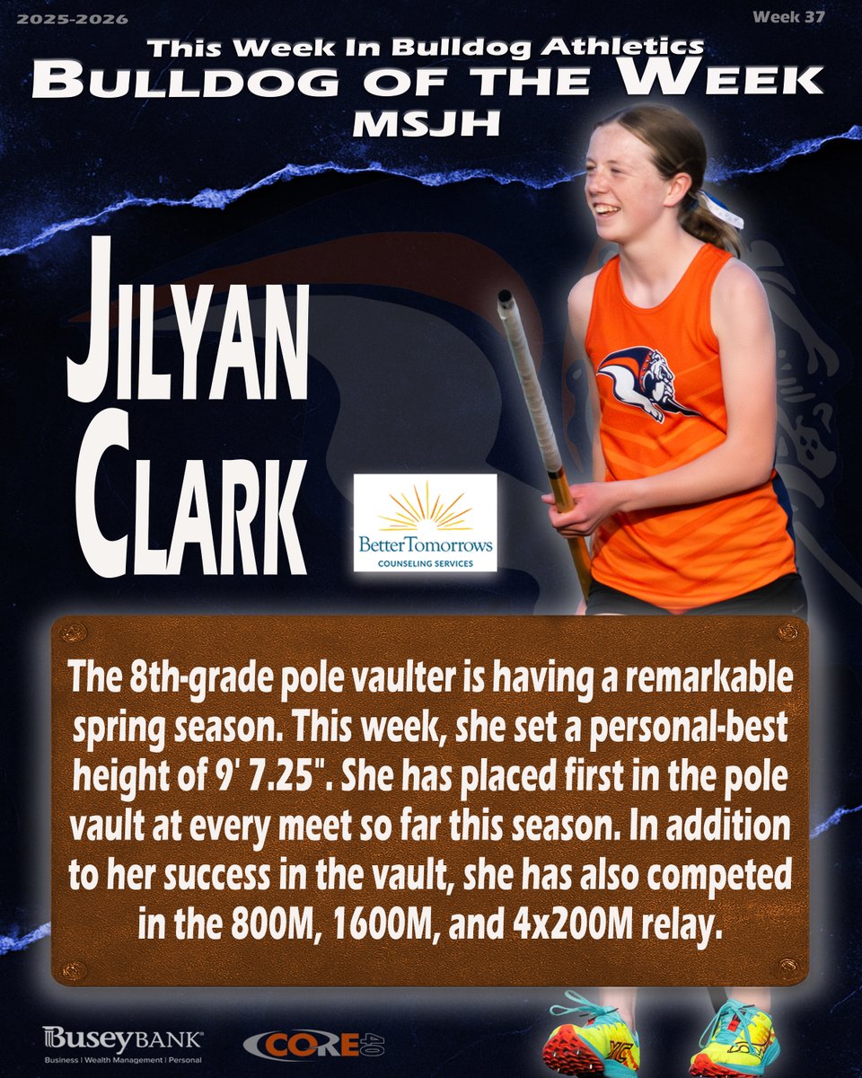 MSBulldogScores's tweet photo. Week 37
𝐁𝐮𝐥𝐥𝐝𝐨𝐠 𝐨𝐟 𝐭𝐡𝐞 𝐖𝐞𝐞𝐤 - 𝐌𝐒𝐉𝐇
⭐Jilyan Clark⭐️

Congratulations, Jilyan!

Thank you to Better Tomorrows for sponsoring this feature highlighting outstanding Bulldog performances from the past week.

@MSJHBulldogs https://t.co/sCTkmju7pC