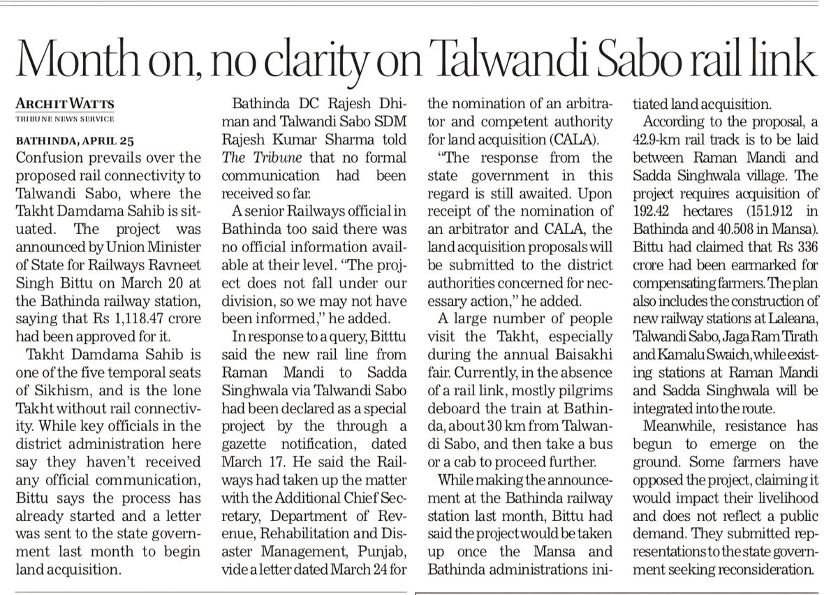 archit0078's tweet image. Month on, no clarity on #TalwandiSabo #rail link 

#Bathinda #Sikhism #TakhtDamdamaSahib #Malwa #Punjab @thetribunechd 

tribuneindia.com/news/punjab/mo…