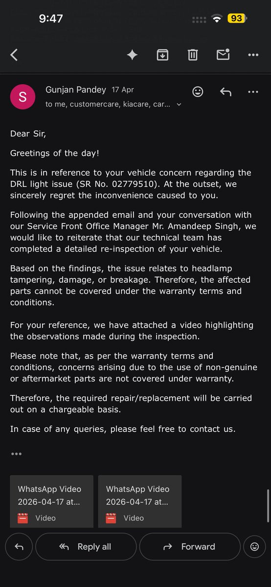 BajajSaarthak's tweet image. @KiaInd DON’T BUY KIA CARS. There was no tampering done to the DRL or any other thing, just a normal coupler to coupler bulb change, and KIA will stop your warranty. The worst company and service one can get. Their warranty is a joke, no replies even after several complaints #kia