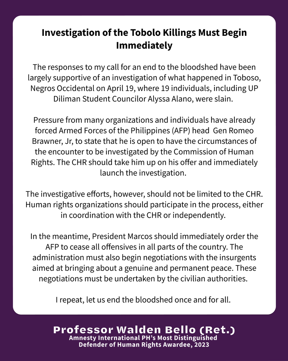 WaldenBello's tweet photo. President Marcos should immediately order the AFP to cease all offensives in all parts of the country. The admin must also begin negotiations aimed at bringing about a genuine and permanent peace.

I repeat, let us end the bloodshed once and for all. https://t.co/m8fJySfZO8
