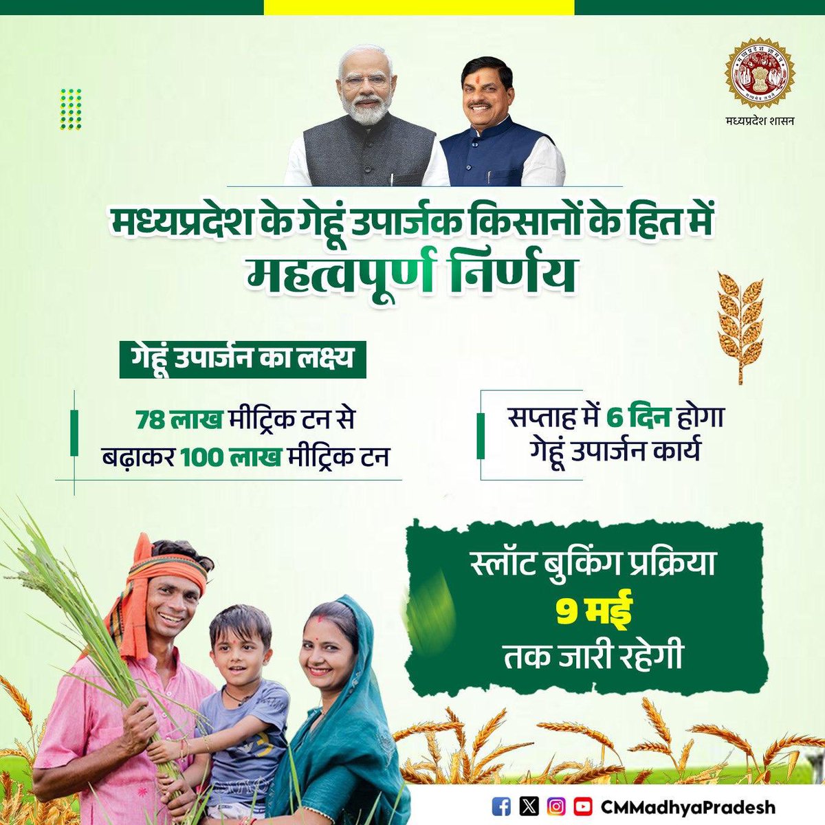 CMMadhyaPradesh's tweet photo. हर निर्णय किसान हित में…

✳️मध्यप्रदेश में सप्ताह में 6 दिन होगा गेहूं उपार्जन कार्य
✳️स्लॉट बुकिंग प्रक्रिया 9 मई तक जारी रहेगी

@DrMohanYadav51 @minmpkrishi @foodsuppliesmp #CMMadhyaPradesh #MadhyaPradesh https://t.co/KKMK3upKAJ