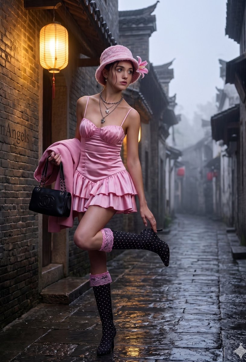 AFantagirl85190's tweet image. #NataliaDyer #nanobananapro #GrokAI #CinematicAI #AIModel #FreePrompts:

An exquisite, cinematic portrait of a slender woman of delicate beauty, poised with graceful balance in a wet, misty ancient Chinese water-town alleyway. She is a vision in a ruffled pink satin mini dress