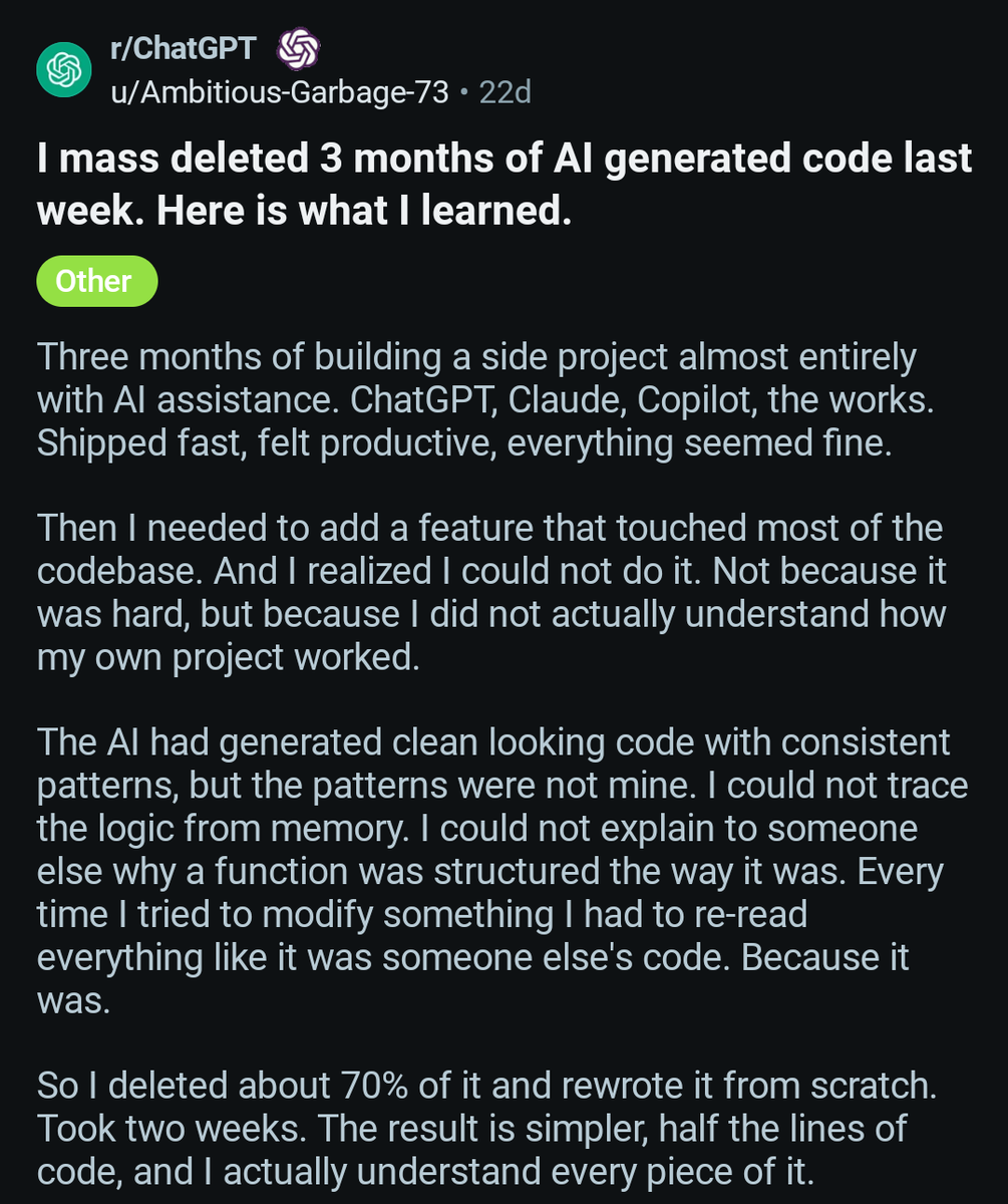 A person deleted 3 months of AI generated code because he could not ...