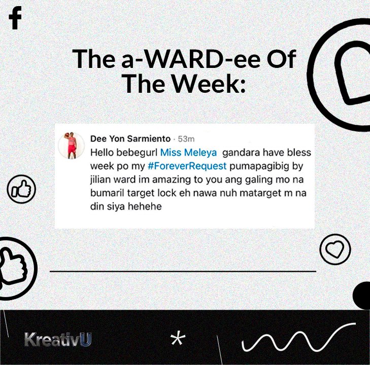 kreativ_u's tweet photo. The a-WARD-ee Of The Week! a.k.a Fan of the week (#Jillianatics) is Dee Yon Sarmiento! Thank you for the support to Jillian Ward and putting #Pumapagibig sa iyong #ForeverRequest🥰
#KreativU #PPOP #FanOfTheWeek #BarangayLS971 https://t.co/Y8I8QQ5Xi0