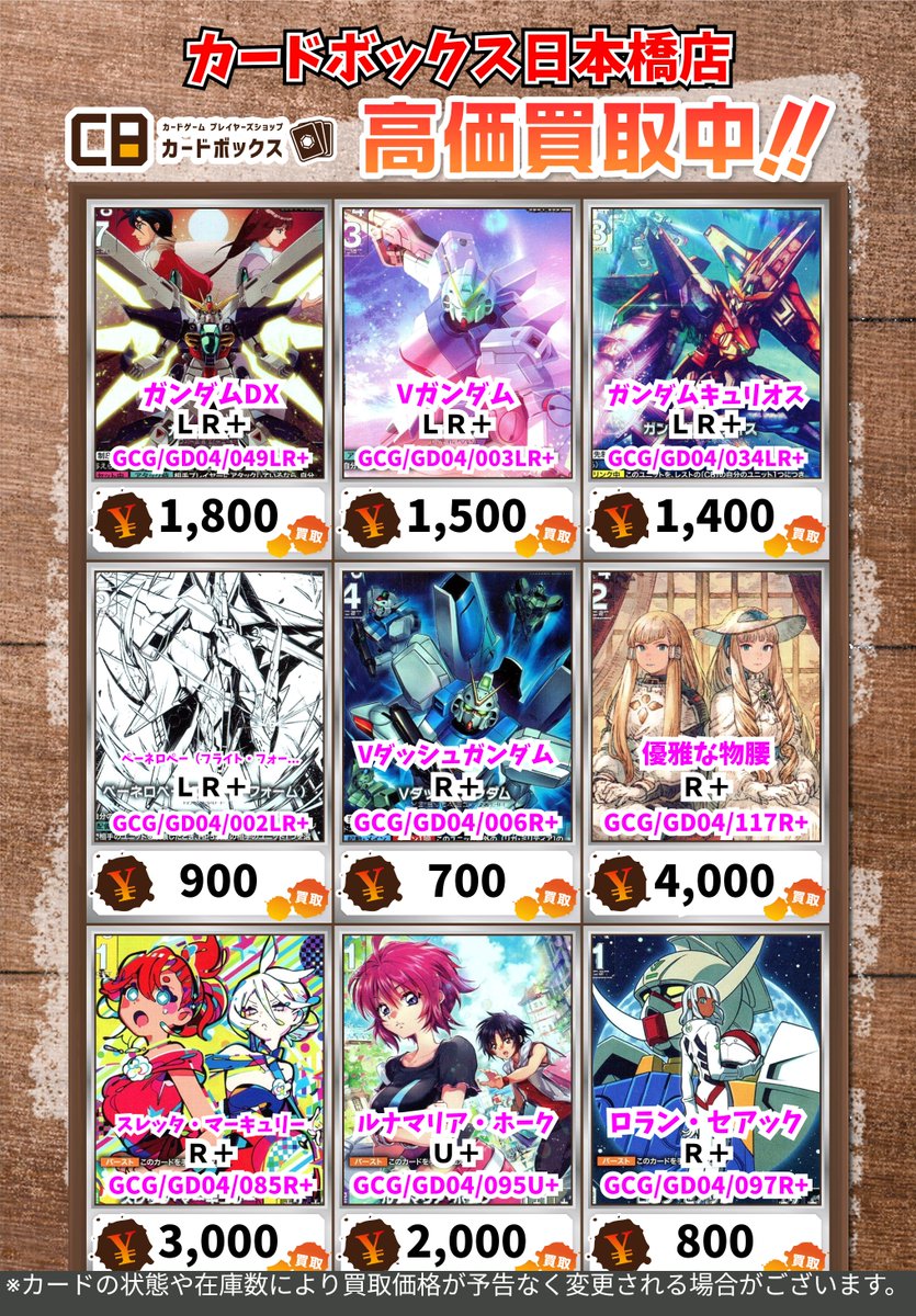 CB日本橋店ガンダムカードゲーム買取表 GD04パラレルの買取表になり