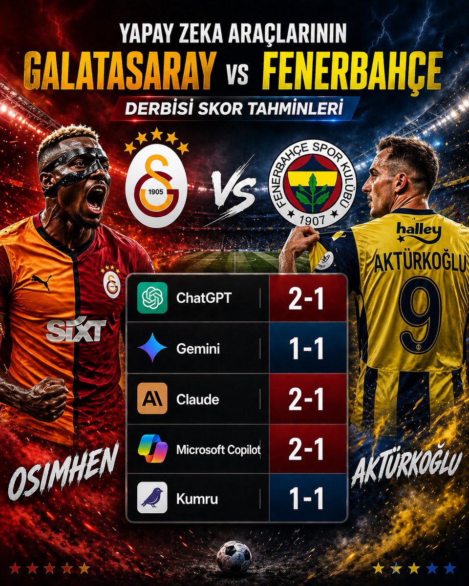 5 farklı yapay zekaya sordum…  

3’ü aynı skoru verdi 👀  

Tesadüf mü yoksa bir şey mi biliyorlar?  😄

Sizce kaç kaç biter? 🔥 #GsvFB