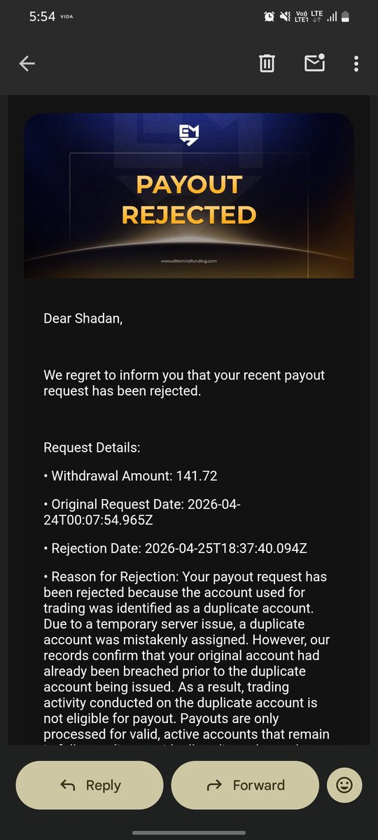 shadanhehe's tweet photo. #elitemindfunding
#scampropfirm
The people at Elite Mind first told me to sign a contract and they would give me a free funded account. Then I passed both Phases 1 and 2 and received a funded account. When it came time for payout, they said Sorry, you received account by mistake. https://t.co/zNUmzc4G3b