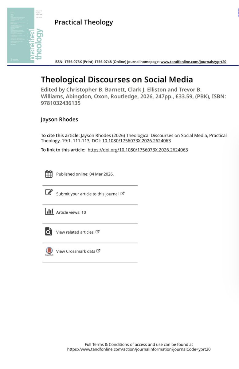 C_B_Barnett's tweet photo. Strong review of THEOLOGICAL
DISCOURSES ON SOCIAL MEDIA (2025) in the March issue of PRACTICAL THEOLOGY 👀 @TrevBW @routledgebooks // https://t.co/JnIR2PNQZ2 https://t.co/wmK68RB8LZ