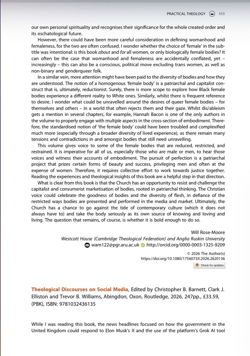 C_B_Barnett's tweet photo. Strong review of THEOLOGICAL
DISCOURSES ON SOCIAL MEDIA (2025) in the March issue of PRACTICAL THEOLOGY 👀 @TrevBW @routledgebooks // https://t.co/JnIR2PNQZ2 https://t.co/wmK68RB8LZ