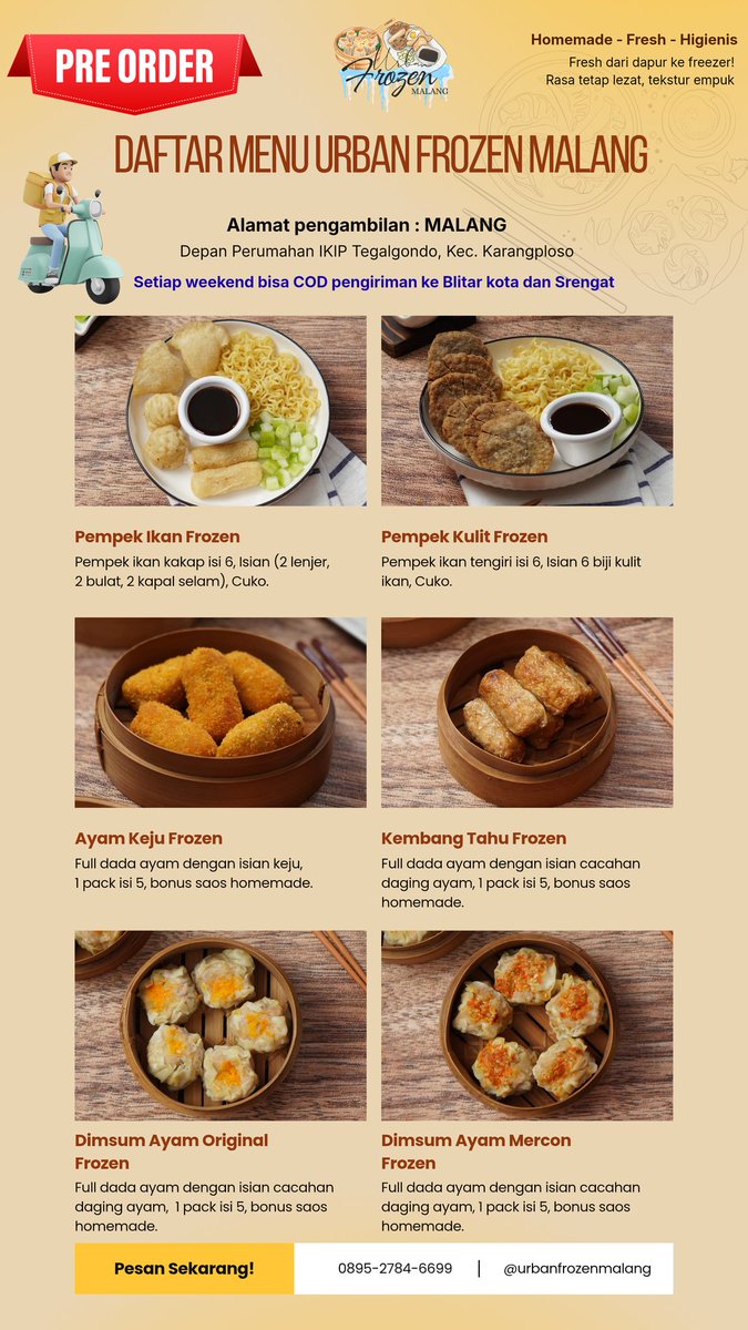 boy5se's tweet photo. Halo kakak-kakak, yang cari Frozen Dimsum dan Pempek bisa DM ya. Bahan-bahan full daging ayam dan ikan tengiri. Produk rumahan tanpa pengawet makanan dan bisa tahan sampai 2 minggu.

Open pre-order utk hari senin. 
📍Belakang Kampus UMM Malang.  #pasarmingguinfomalang https://t.co/vLqCER3stW