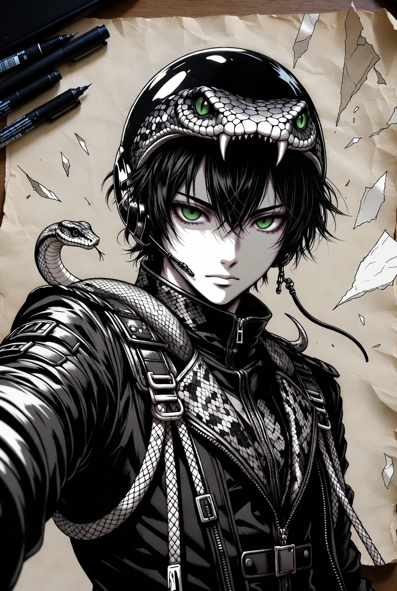 WaifuAI_Studio's tweet photo. When art comes to life... 🐍🖊️ My latest character concept featuring a snake design. What do you think of the details on the jacket and helmet? 🖤✨
#animeart #characterdesign #snakedesign #digitalart https://t.co/7zYn0z34l0