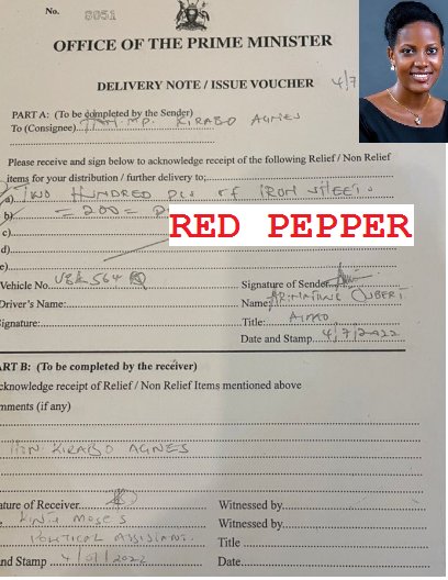 RedPepperUG's tweet photo. #MABAATI #BONANZA
Records show Central Youth MP Agnes Kirabo got 200 iron sheets under the controversial distribution program. The consignment was reportedly picked on 4th July 2022 using vehicle regn number UBL 564Q.
Her PA, Moses Kintu, signed off as the official receiver https://t.co/1HjP5GWP9z