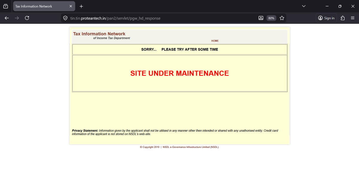 caarjitagrawal's tweet photo. @NSDL_Depository @ProteanEgovTech @FinMinIndia @IncomeTaxIndia Tried applying TAN 3 times, payment deducted while at the end website says "Site Under Maintanance" Urgent help needed. https://t.co/xEkRDEocTT