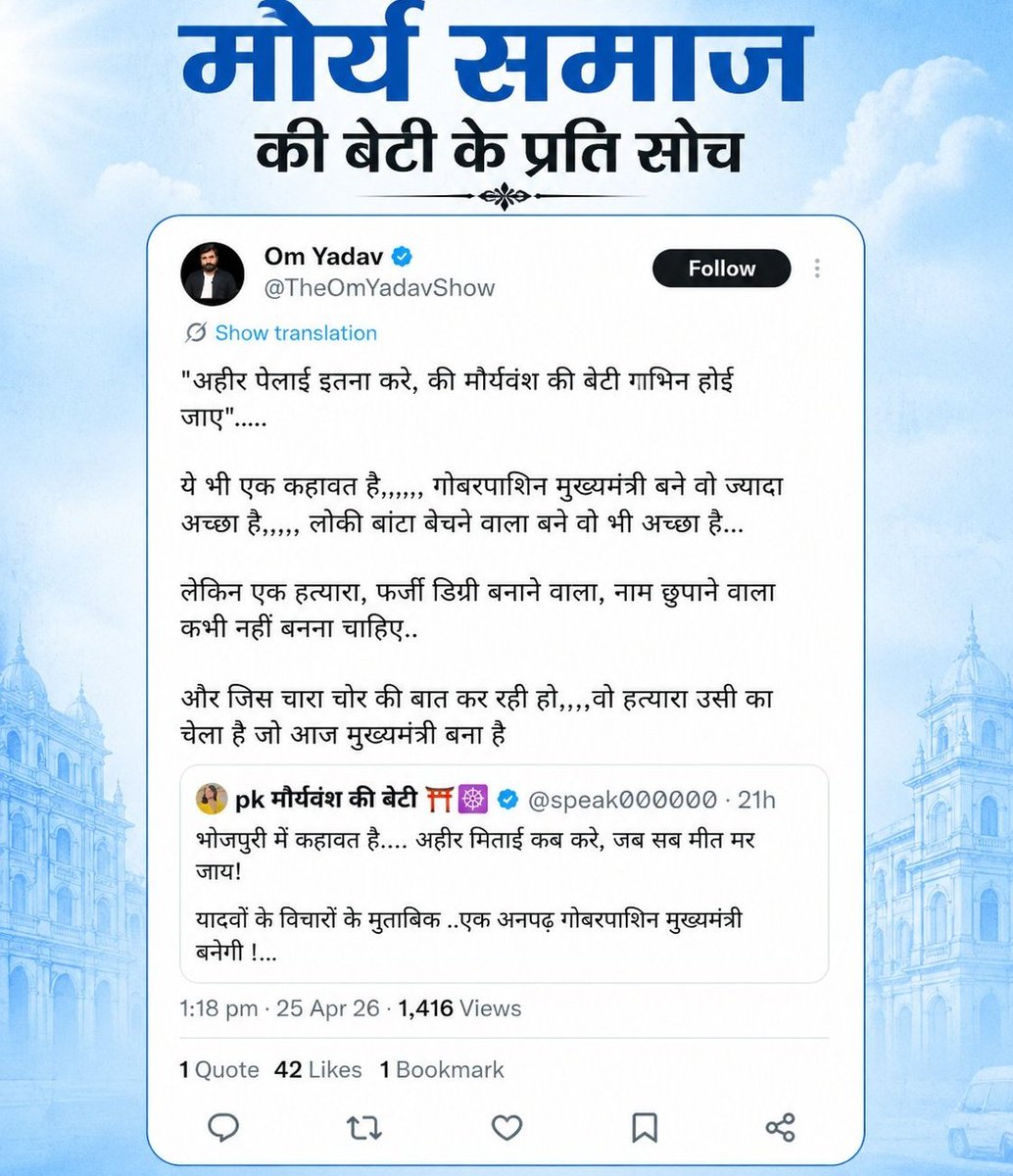 Anjalisaini_'s tweet photo. समाजवादी पार्टी के समर्थक ओम यादव की एक मौर्य समाज की बेटी के प्रति सोच देखिए,
जो यह लिख रहा है इससे इसकी आपराधिक प्रवृति स्पष्ट झलक रही है 
जब यहां खुलेआम ऑनलाइन बोल सकता है ट्विटर पर लिख सकता है। तो ऐसे लोग किसी भी अपराध को अंजाम के सकते हैं ऐसे मानसिक विक्षिप्त लोगों पर @Uppolice विधिवत कठोर कानूनी कार्यवाही करें।