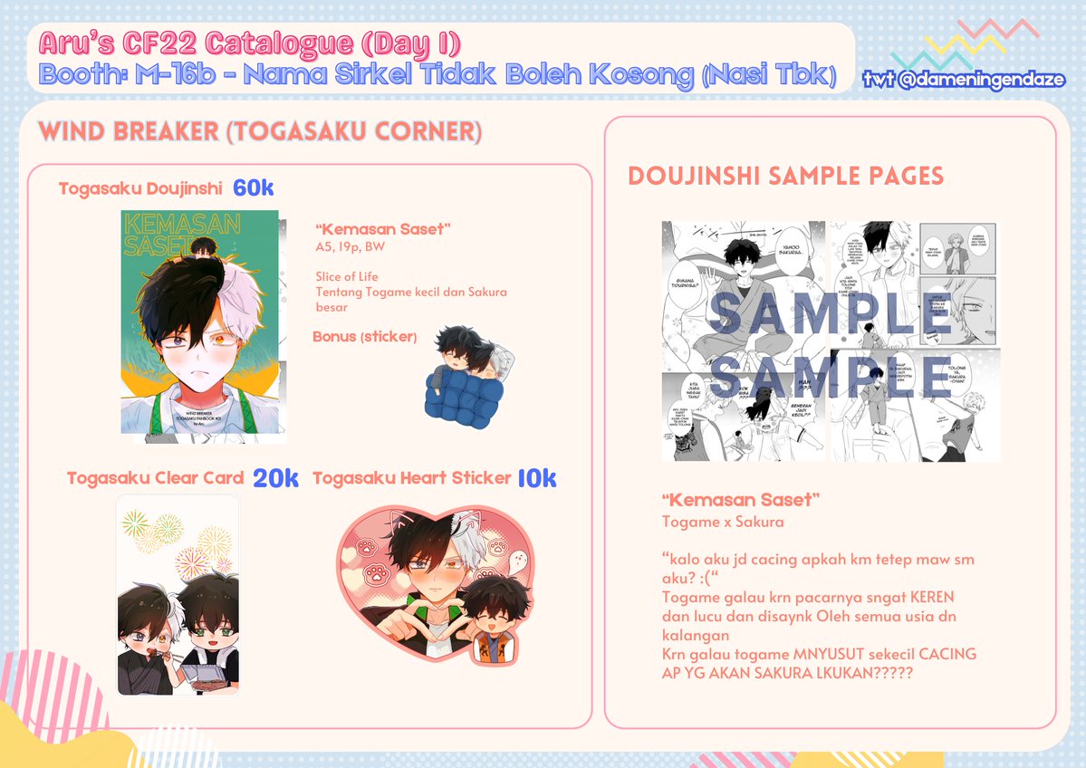 dameningendaze's tweet image. [ARU'S CF22 PO CATALOGUE] (DAY 1 PICKUP ONLY‼️)
🧡 + 🔁 are appreciated!

🪭 Fandom: Genshin (Kazuscara), Wind Breaker (Togasaku), HSR (Phaidei)
🗓️ PO Period: 26 Apr - 2 Mei
Form: forms.gle/z5x9DvHXrmCfue…
⭕️ Booth : M-16b - Nasi Tbk

#comifuro22 #CF22 #kazuscara #phaidei #togasaku