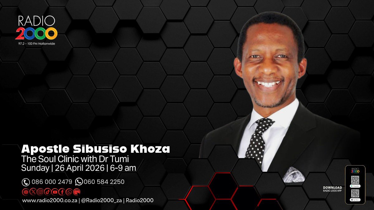 Radio2000_ZA's tweet photo. We are joined by Apostle Sibusiso Khoza, a vessel of truth, a shepherd of many, and a voice of restoration through His Grace Tabernacle Family of Churches.
#TheSoulClinicWithDrTumi #YourSoulMatters #KnowingYourVictorypoints #BandagesForTheWeek https://t.co/L5N5BteXfw