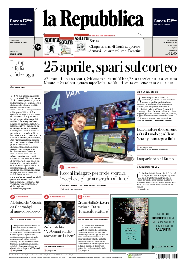 repubblica's tweet image. La prima pagina di oggi #26april larep.it/primapagina 📰
