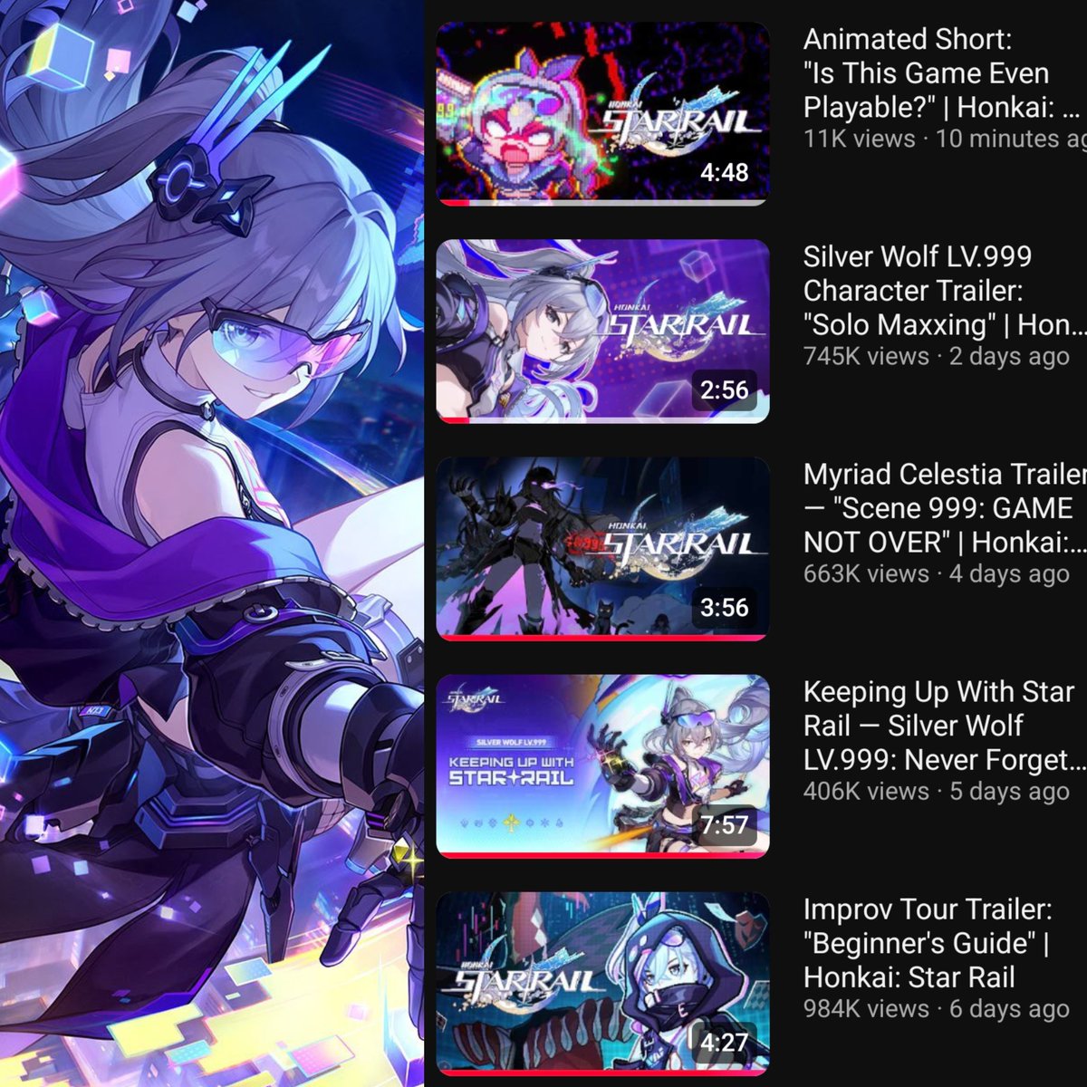 <a href="/Genshin_HU_Info/">HoYoverse Animation Info</a> Its acheron >or =castorice > sw

I mean, Bro she has 5 vids and none of them reach 1 mil when this ss taken. even phai reach 1 mil in 24 hours

(Maybe some have already passed one million by now. But it takes about 3–7 days)