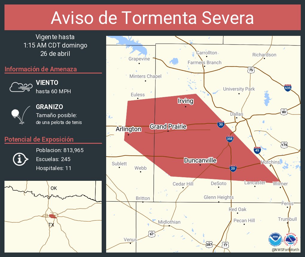NWSFortWorth's tweet image. Aviso de Tormenta Severa continúa Arlington TX, Irving TX, Grand Prairie TX hasta la 1:15 AM CDT. ¡Esta tormenta contiene granizo del tamañode una pelota de tenis