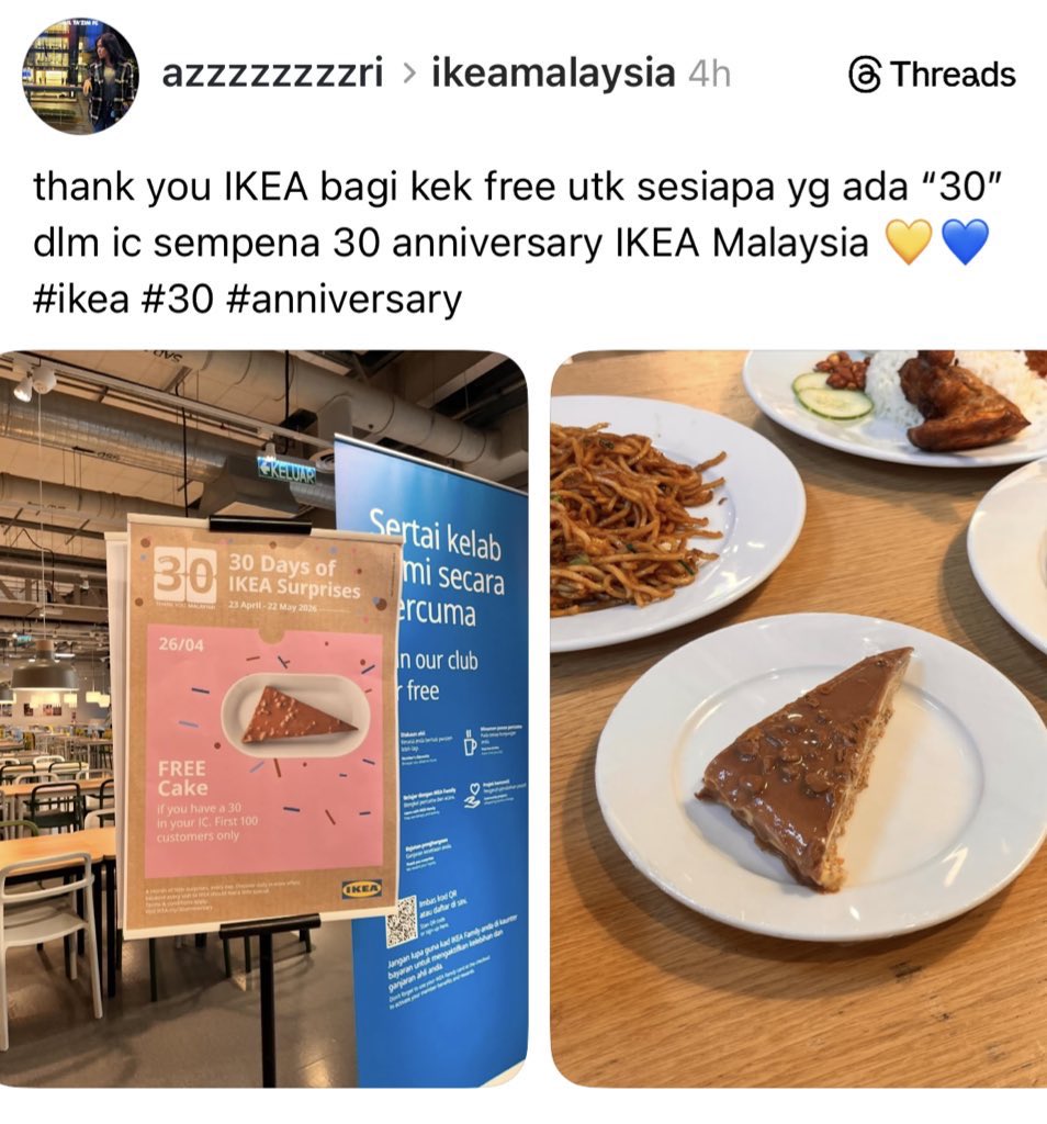 localrkyt's tweet photo. Wow boleh claim cake free atau hoodie dekat IKEA kalau ic korang ada number “ 30” https://t.co/SbUepuCpH4
