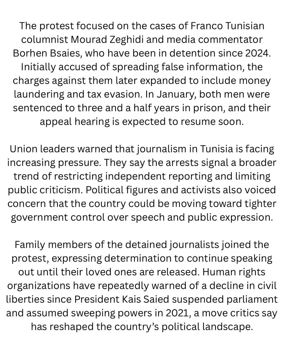 newsactually24's tweet image. Protesters in Tunisia take to the streets to defend press freedom and demand the release of jailed journalists, as concerns grow over shrinking media rights.
#News #Africa #Tunisia #Journalists #HumanRights