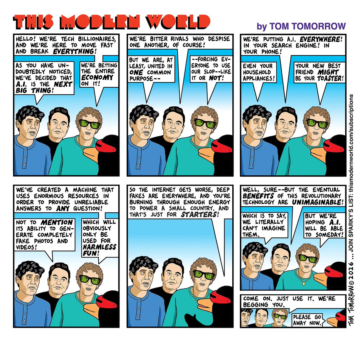 In this week's comics, Tom Tomorrow talks AI with some tech giants ...