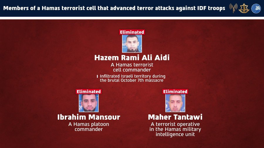 JoopSoesan's tweet photo. UITGESCHAKELD: Hamas-terroristen die van plan waren terreuraanvallen uit te voeren, waaronder een terrorist die Israël infiltreerde tijdens het brute bloedbad van 7 oktober. Onder de uitgeschakelden: Hazem Rami Ali Aidi – die Israël infiltreerde tijdens het bloedbad van 7 oktober. Ibrahim Mansour – die gedurende de oorlog talloze terreuraanvallen op IDF-troepen leidde. Maher Tantawi – een agent van de militaire inlichtingendienst van Hamas.