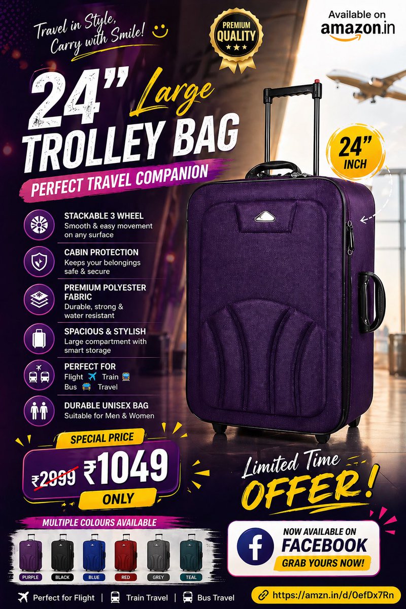 Navii0h7u's tweet image. 🔥 Special Offer: ₹1049 only (Limited Time!)
Don’t miss out — grab yours now!

👉 amzn.in/d/0efDx7Rn

#TravelEssentials #TrolleyBag #TravelInStyle #LuggageDeal #AmazonFinds #BudgetTravel #TravelGear #OfferAlert #ShopNow #TravelR