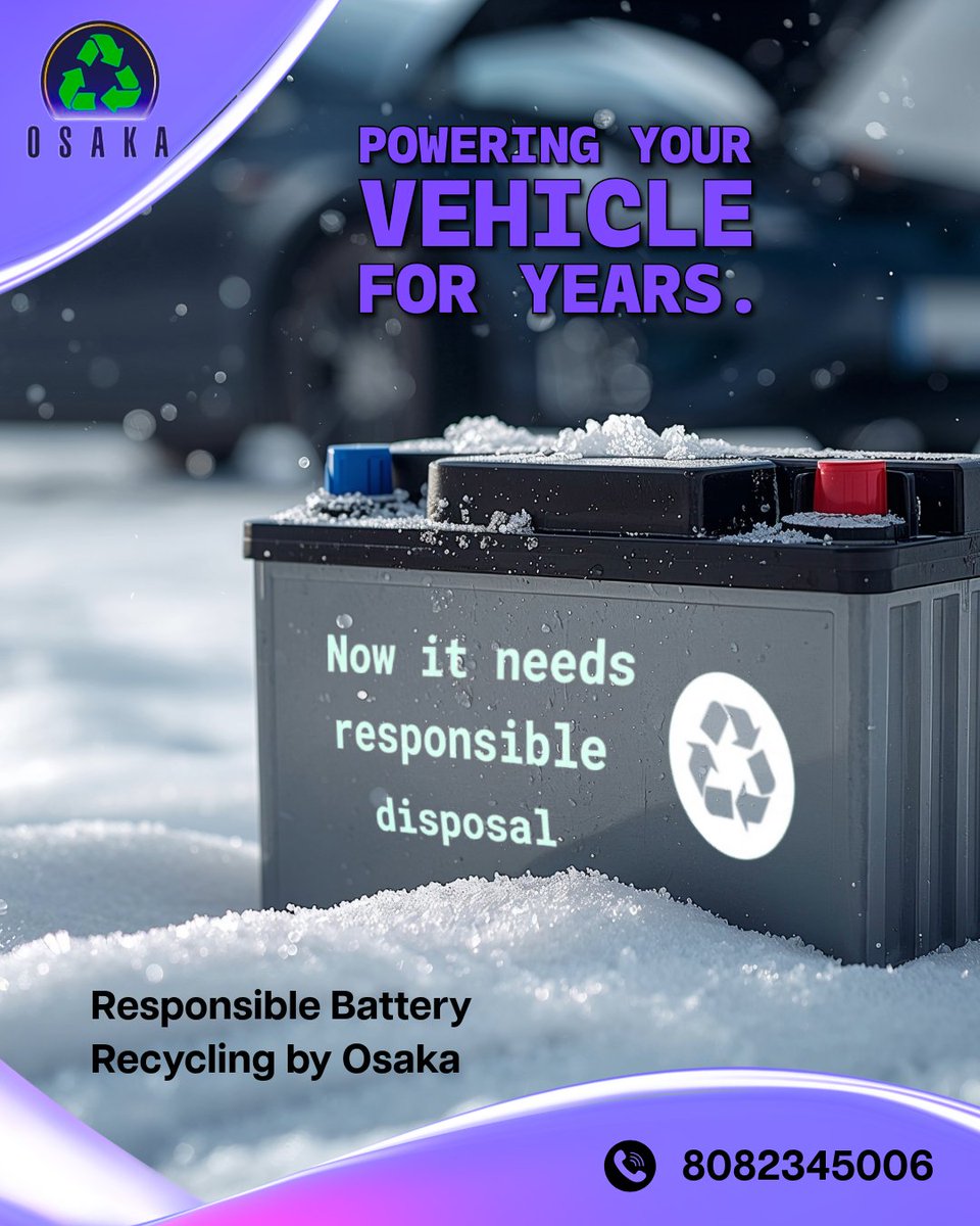 osakagroupindia's tweet image. Dead battery leaving you out in the cold? ❄️🔋 

Once it’s done powering your ride, make sure it’s disposed of the right way. Keep chemicals out of landfills and contact Osaka for responsible battery recycling! ♻️

 #BatteryRecycling #EcoFriendly