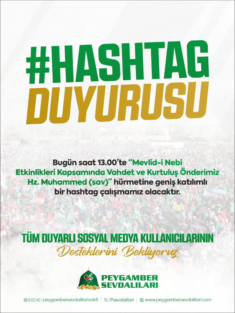 📢 Etiket Duyurusu

Bugün saat 13.00'te “Mevlid-i Nebi” etkinlikleri kapsamında Van, İstanbul ve Adana'da düzenlenecek olan "Vahdet ve Kurtuluş Önderimiz Hz. Muhammed (sav)" temalı programlar için geniş katılımlı etiket çalışmamız olacaktır. 

Siz duyarlı sosyal medya