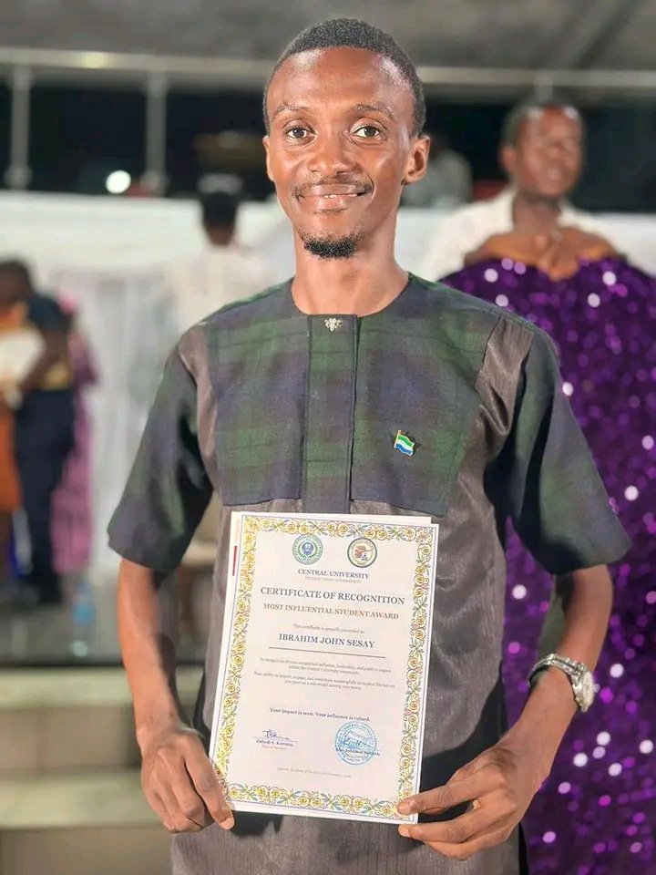 Amb_Ibrahim_JS's tweet photo. I am so excited to receive the Academic and Social Awards 2026 as the #Most_Influential_Student_Award at Central University Sierra Leone.

I am sincerely grateful to Almighty God for fueling my passion to advance the welfare of students at Central University. https://t.co/WCHQCXaj8C