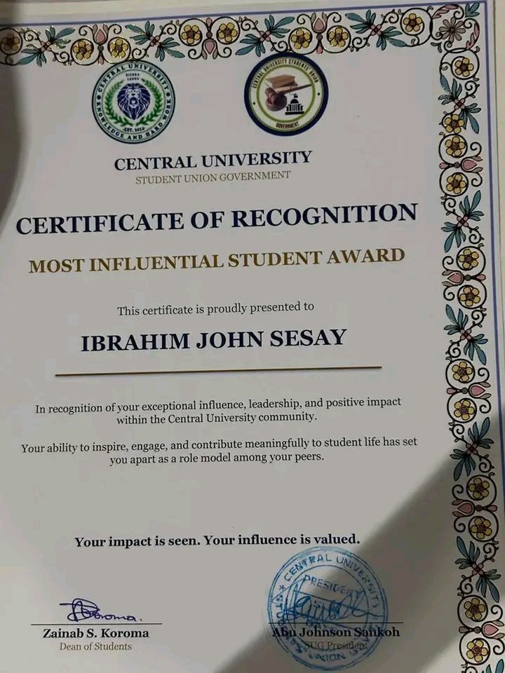 Amb_Ibrahim_JS's tweet photo. I am so excited to receive the Academic and Social Awards 2026 as the #Most_Influential_Student_Award at Central University Sierra Leone.

I am sincerely grateful to Almighty God for fueling my passion to advance the welfare of students at Central University. https://t.co/WCHQCXaj8C