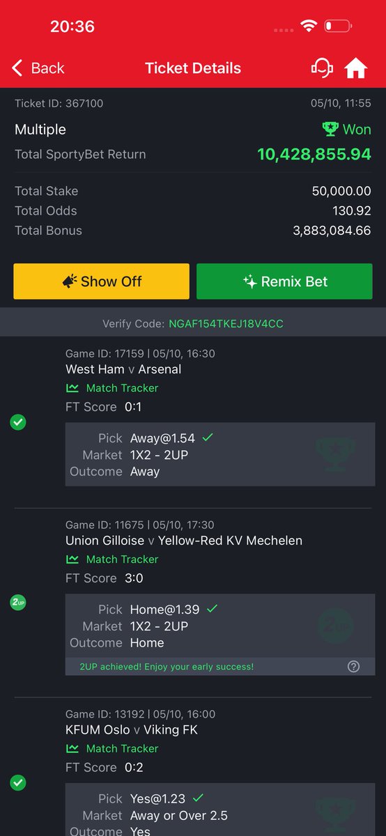 Imalachuks's tweet photo. Thank you Arsenal, Thank you Roma, Thank you VAR. 
130 Odds Boooommm✨🏆. 
Double 8 Odds Boom✨❤️. 
11M won🏆❤️. God is Good⭐️🏆✨ https://t.co/aaqpVnak0p