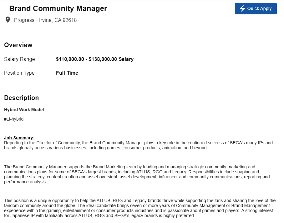 zackreese's tweet photo. SEGA is hiring a Brand Community Manager at our Irvine office https://t.co/rwj2dt1SnZ https://t.co/o4czL72EZ1