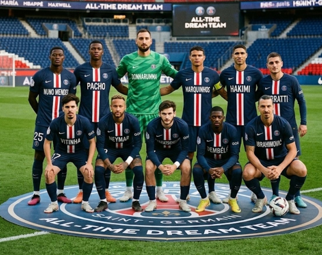 speacoco2024's tweet photo. @CuriosidadesEU Mejor 11 Sería.

Arq. 
Donarumma

Def.
Hakimi - W. Pacho - T. Silva - N. Méndez

Med.

Verrati - Vitinha - Neymar

Del.

Kavaraskelia - Dembele - Ibrahimovic. https://t.co/X5n1smogPW