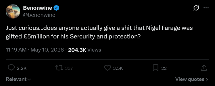 justdavenow89's tweet photo. hey everyone lets show @benonwine how many of us care about Farage getting given 5 million for his "security and protection"
like and repost see if we can ratio him :) https://t.co/cWXDdH6cbw